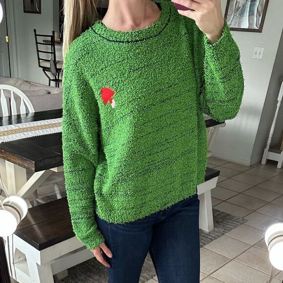 Cider Green & Navy Mushroom Embroidery Textured Gardencore Fairycore Sweater - Picture 1 of 10